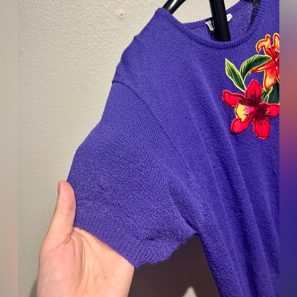 Vintage TanJay Purple Floral Appliqué Short Sleeve Sweater - Size L (Women’s) - Picture 4 of 5